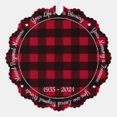 追悼Keepsake Red Plaid 2 Photo Memorial オーナメントカード (裏面)
