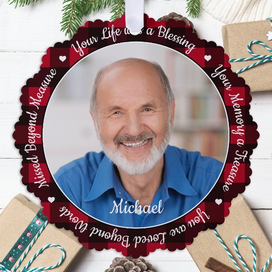 追悼Keepsake Red Plaid 2 Photo Memorial オーナメントカード