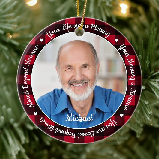 追悼Keepsake Red Plaid 2 Photo Memorial セラミックオーナメント