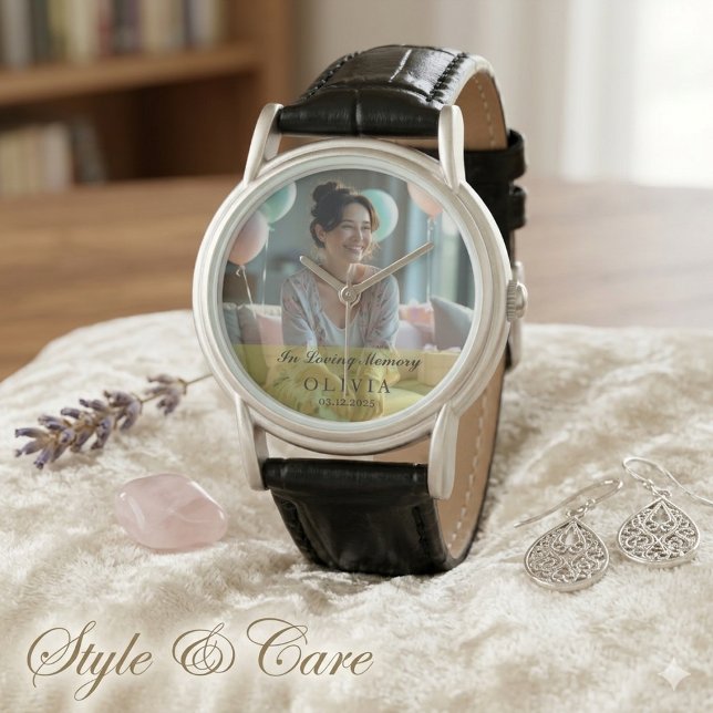 追憶のメモリー カスタムフォト ブラックレザー 腕時計 (In Loving Memory Custom Photo Classic Black Leather Watch)