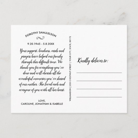 追憶の写真コラージュ、感謝と哀悼の意を表する ポストカード (裏面)