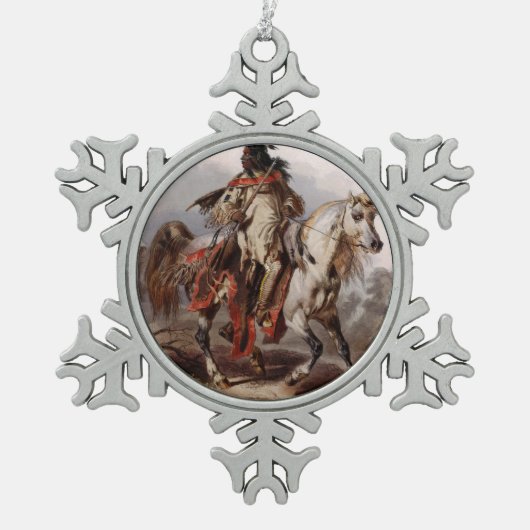 追跡されているアラビアの馬のブラックフットのインディアン スノーフレークピューターオーナメント (正面)