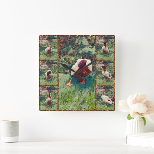 退屈アヒル写真コラージュ、正方形の壁時計 スクエア壁時計 (ホーム)