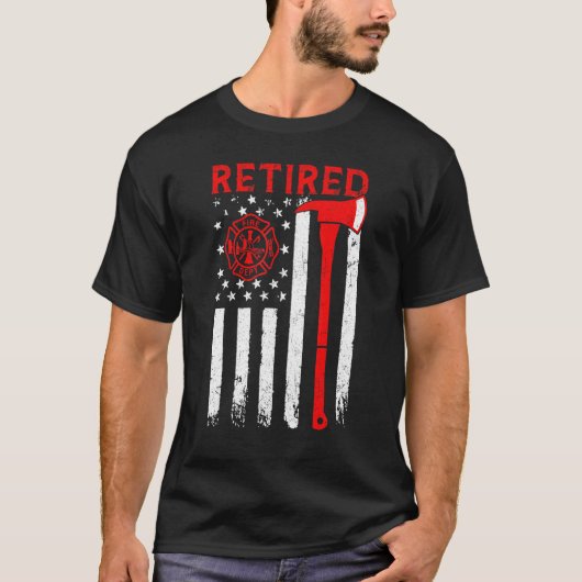 退役消防士 シン・レッド・ライン 斧 アメリカ国旗 Tシャツ (正面)