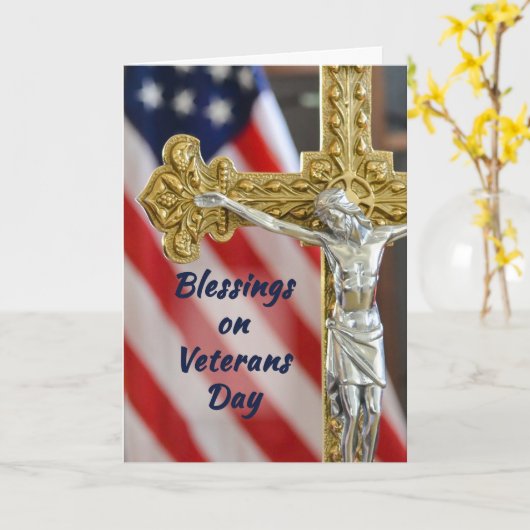 退役軍人の日の宗教愛国的な十字架と国旗 カード (黄色い花)