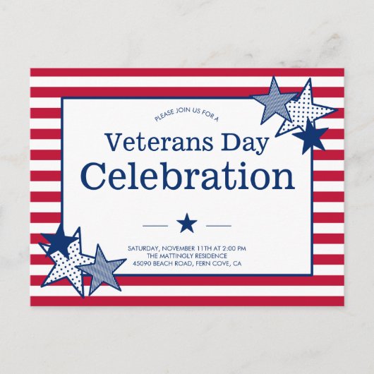 退役軍人ズ・デイ・スターズ・ストライプモダンズ・パトリオティックパーティー  インビテーションポストカード (正面)