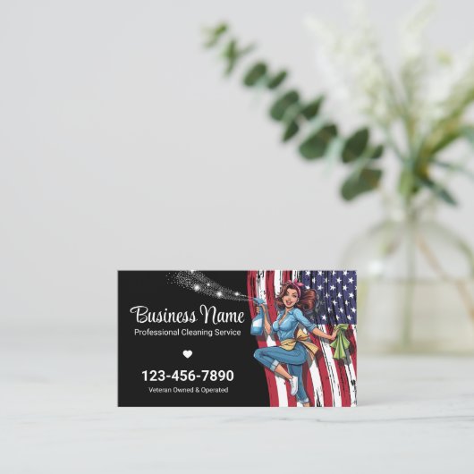 退役軍人所有ハウスクリーニングサービスブラック 名刺 (スタンド正面)