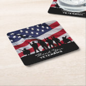 退役軍人-兵士のシルエットおよび旗ありがとう スクエアペーパーコースター (アングル)