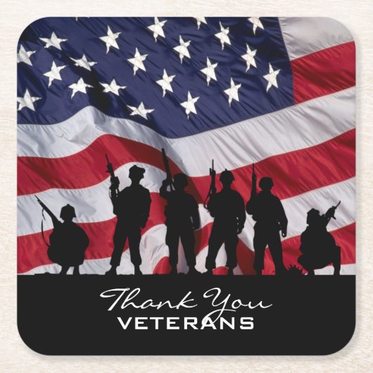 退役軍人-兵士のシルエットおよび旗ありがとう スクエアペーパーコースター (正面)
