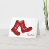 退職おめでとう！ガーデニングが好きな女性のための赤いウェリーボート カード (正面)