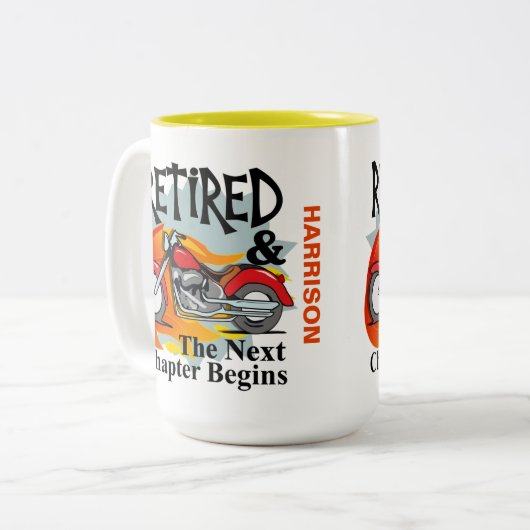 退職おもしろいバイクもしくは自転車に乗る人ことわざ ツートーンマグカップ (正面左)