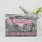 退職おもしろいパーティーアンティーク車ピンク 招待状 (スタンド正面)