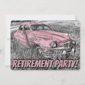 退職おもしろいパーティーアンティーク車ピンク 招待状 (正面)