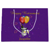 退職お祝いきらめくワインパープル ラージペーパーバッグ (正面)