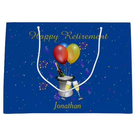 退職お祝いきらめくワインブルー ラージペーパーバッグ (正面)