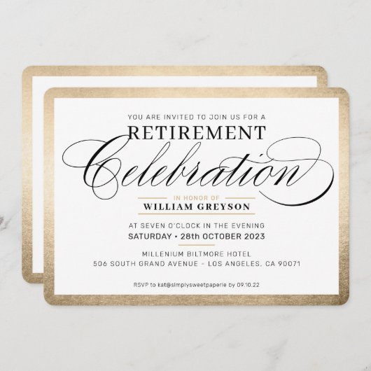 退職お祝いディナエレガント金ゴールドブラック 招待状 (正面/裏面)