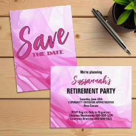 退職お祝いパーティーのためのピンクの抽象的なデザインのSave The Date 案内ポストカード