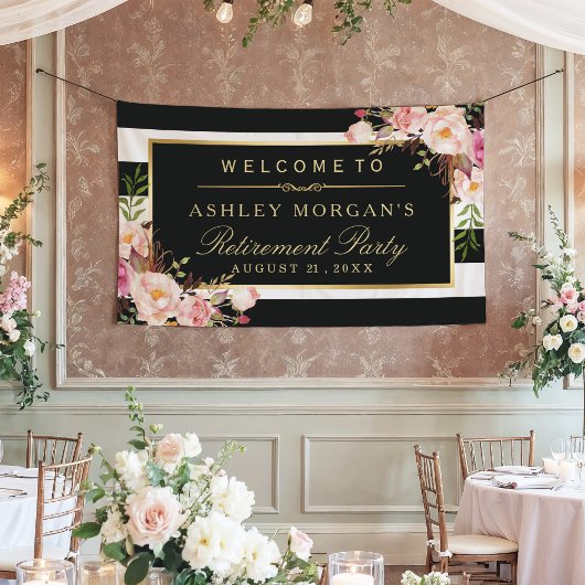 退職お祝いパーティーヴィンテージストライプフローラ 横断幕