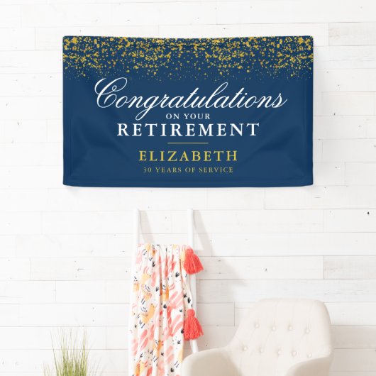 退職お祝いパーティー金ゴールドグリッター青 横断幕 (インサイチュ)