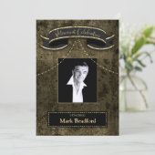 退職お祝いブラックブラウン金ゴールド写真 招待状 (スタンド正面)