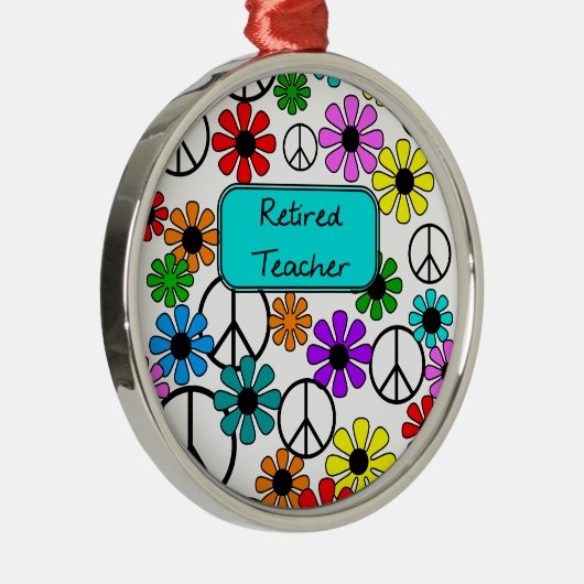 退職したな先生のレトロの花およびピースサイン メタルオーナメント (右)