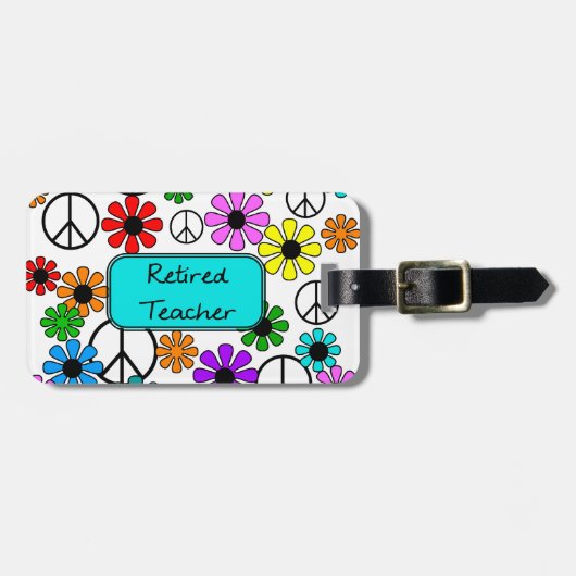 退職したな先生のレトロの花およびピースサイン ラゲッジタグ (正面横)