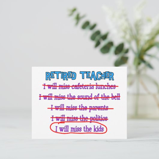 退職した先生「子供恋しく思にプレゼントおもしろい」 ポストカード (スタンド正面)