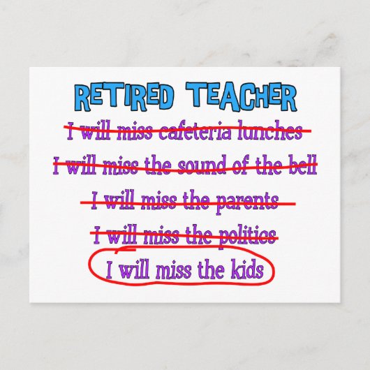退職した先生「子供恋しく思にプレゼントおもしろい」 ポストカード (正面)
