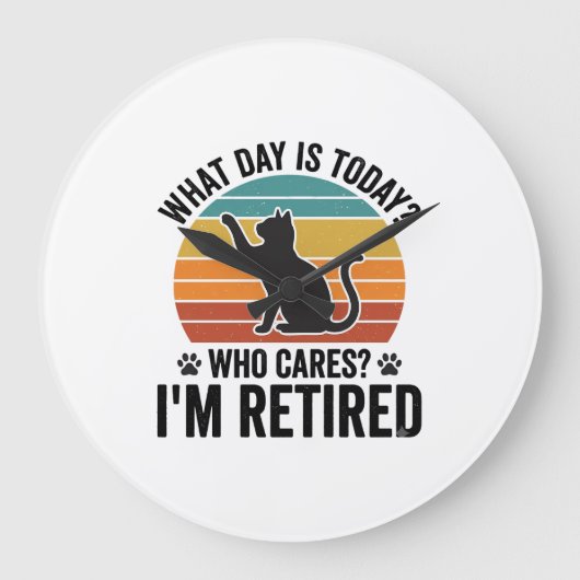 退職した猫のビンテージサンセット面白い引用Tシャツデザイン ラージ壁時計 (正面)
