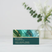 退職した、金ゴールドおよびティール(緑がかった色)液インクGag 名刺 (スタンド正面)