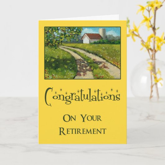 退職のお祝い: 絵を描く田舎道 カード (黄色い花)
