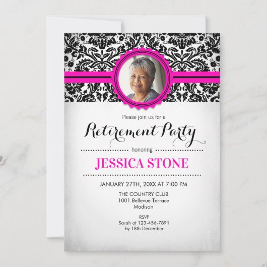 退職のお誘い写真 - ホットピンク ブラック ホワイト 招待状 (正面)