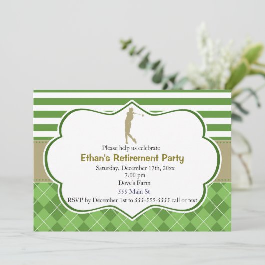 退職のパーティの招待状のゴルフ緑金ゴールド 招待状 (スタンド正面)