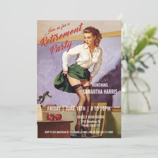 退職のパーティの招待状の先生のおもしろいなヴィンテージ 招待状 (スタンド正面)