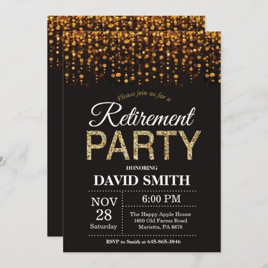 退職のパーティの招待状の黒および金ゴールドのグリッター 招待状 (正面/裏面)