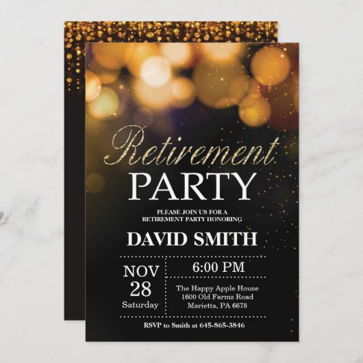 退職のパーティの招待状の黒および金ゴールドのグリッター 招待状 (正面/裏面)