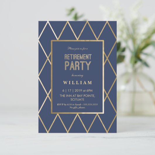 退職のパーティの招待状-エレガントな金ゴールドトレンディー 招待状 (スタンド正面)