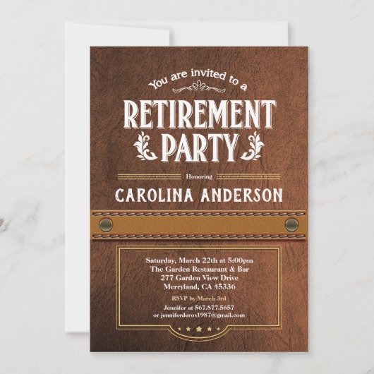 退職のパーティの招待状。 上品でフェイクな革 招待状 (正面)
