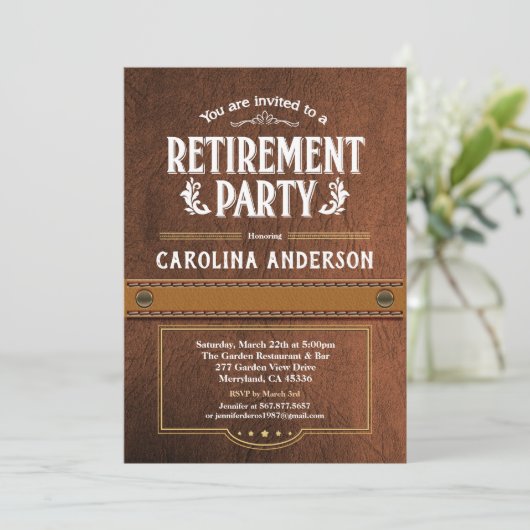 退職のパーティの招待状。 上品でフェイクな革 招待状 (スタンド正面)