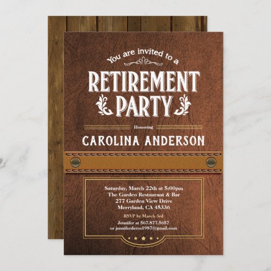 退職のパーティの招待状。 上品でフェイクな革 招待状 (正面/裏面)