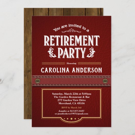 退職のパーティの招待状。 上品でフェイクな革 招待状 (正面/裏面)