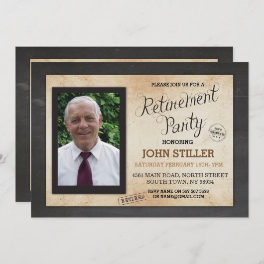 退職の写真のチョークの素朴なパーティの招待状 招待状 (正面/裏面)