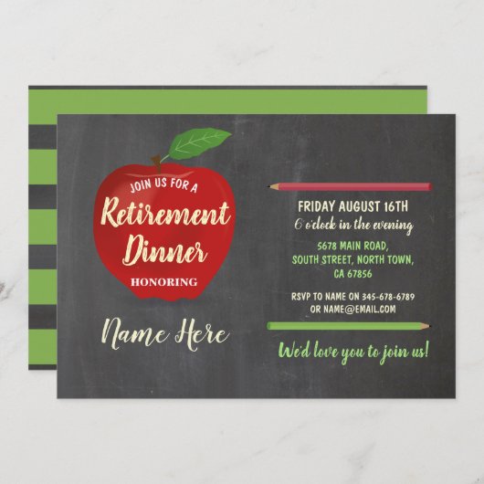 退職の素朴なAppleの赤い先生のチョーク 招待状 (正面/裏面)