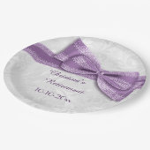 退職の紫色のダマスク織およびフェイクな弓 ペーパープレート (アングル)