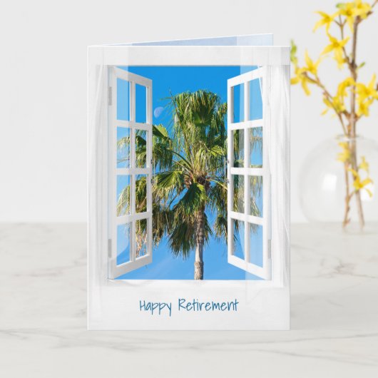 退職の開いているウィンドウおよびヤシの木 カード (黄色い花)