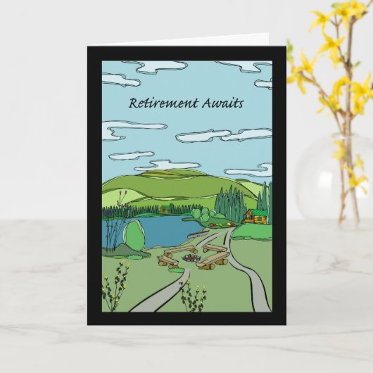 退職は、湖の小屋場面、イラストレーション待ちます カード (黄色い花)