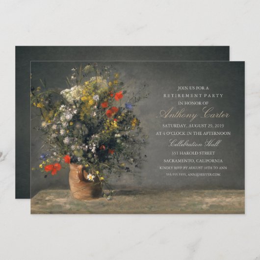 退職を絵を描く素朴な花つぼのヴィンテージ 招待状 (正面/裏面)