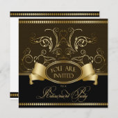 退職エレガントパーティの招待状ブラウン金ゴールドBl 招待状 (正面/裏面)