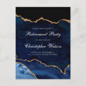 退職エレガントパーティーネイビーブルー金ゴールド瑪瑙 インビテーションポストカード (正面)