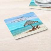 退職カスタム文字熱帯ビーチをテーマにした スクエアペーパーコースター (アングル)
